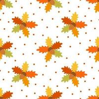 Autumn background with acorns and autumn oak leaves in orange, beige, brown and yellow colors. Seamless pattern for wallpaper, gift paper, picture file, web page background, autumn greeting cards vector