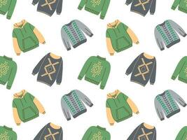 Seamless pattern of sweaters or jumpers isolated on white background. Collection of seasonal warm clothing with prints. Colorful vector illustration in flat cartoon style.