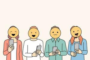 Diverse people with emojis on heads using cellphone texting online. Men and women with emoticons on faces chat message on smartphones on internet. Vector illustration.