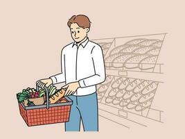 Man customer at grocery supermarket takes bread from shelf and puts it in basket of groceries. Guy visits supermarket or bakery buying fresh baguette and organic vegetables for preparing lunch. vector