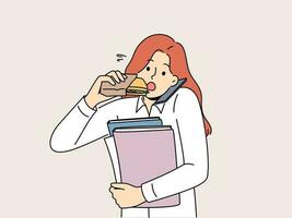 Busy multitasking woman answers phone biting on sandwich to save time at lunch. Young businesswoman with folders in hands eats and works in multitasking mode, wishing to succeed in career vector