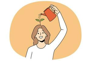 Smiling girl watering seedling in brain vector