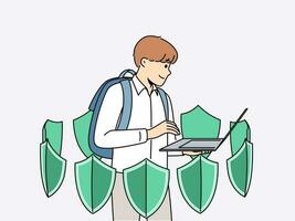 Boy with laptop is learning cyber protect and installing antivirus software standing among green shields. School student uses apps to cyber protect personal data from hackers or viruses vector