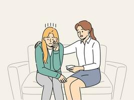 Crying woman at reception of psychologist consoling patient sitting on couch and experiencing stress. Girl sobs in psychologist office after being fired or having problems in personal life vector