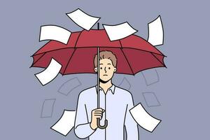 Businessman suffering from bureaucracy standing with umbrella among falling documents symbolizing overabundance of paperwork. Business concept of inefficiency in corporation due to bureaucracy vector