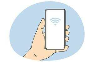 Person holding cellphone with NFC on screen vector