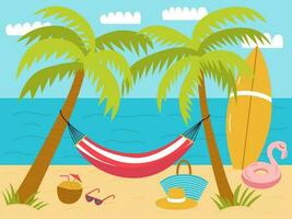 Vector beach with palms and hammock flat illustration. Flat sand beach landscape with surfboard, rubber ring and coconut cocktail