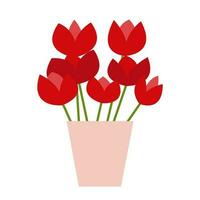 Vector red tulips bouquet in vase flat illustration