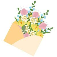 Bouquet of spring flowers inside the envelope .Envelope with flowers. Hand drawn vector greeting card.