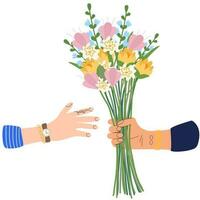 Bouquet of flowers in hands. A hand Giving Flower Bouquet.Gift for Holiday, Romance Present, Anniversary or Birthday Celebration. vector