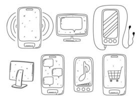 conjunto de electrónico dispositivos para conectando Internet. mano dibujado garabatear estilo. vector ilustración aislado en blanco. colorante página.