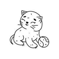 Adorable kitten playing with the ball. Hand drawn doodle style. Vector illustration isolated on white. Coloring page.