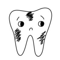 Sick tooth in hand drawn doodle style. Vector illustration isolated on white. Coloring page.