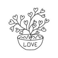 Hearted plant in a flowerpot. Hand drawn doodle style. Vector illustration isolated on white. Coloring page.