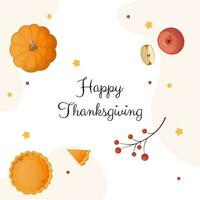 Thanksgiving card pumpkin pie, inscription, greeting, apple vector