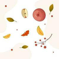 clipart elementos hojas bayas manzana rebanada, otoño vector