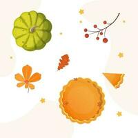 Thanksgiving vector illustration set, pumpkin, pie and leaves