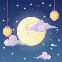 Mid autumn festival, moon, Chinese lantern, starry sky vector