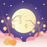 Mid autumn festival, moon and cake and trees in lanterns vector