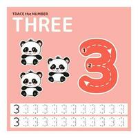 Education material with number three. Tracing number for kids. Learning to count and write. learning the numbers. Preschool activities, leisure games, worksheet with cartoon panda for kids. vector