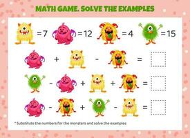 matemáticas juego para niños. reemplazar el monstruos con números y resolver el ejemplos matemático hoja de cálculo para preescolar niños. adición y sustracción. vector ilustración. dibujos animados mullido monstruos