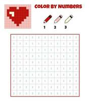 Color by numbers. Education game for children. Red heart. Coloring book with numbered squares. Pixel art. Graphic task for kids. vector