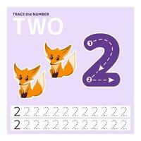 Education material with number two. Tracing number for kids. Learning to count and write. learning the numbers. Preschool activities, leisure games, worksheet with cartoon cocktail for kids. vector