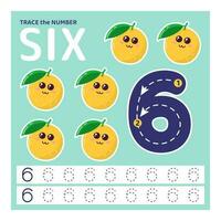 Education material with number six. Tracing number for kids. Learning to count and write. learning the numbers. Preschool activities, leisure games, worksheet with cartoon oranges for kids. vector