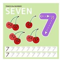 Education material with number seven. Tracing number for kids. Learning to count and write. learning the numbers. Preschool activities, leisure games, worksheet with cartoon cherries for kids. vector