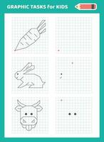 Drawing by cells. Educational game for preschool children. Worksheets for practicing logic and motor skills. Game for children. Graphic tasks with different objects and elements. Vector illustration