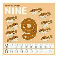 Education material with number nine. Tracing number for kids. Learning to count and write. learning the numbers. Preschool activities, leisure games, worksheet with cartoon puffer fish for kids. vector