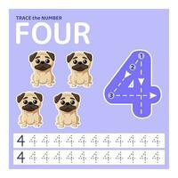 Education material with number four. Tracing number for kids. Learning to count and write. learning the numbers. Preschool activities, leisure games, worksheet with cartoon dogs for kids. vector