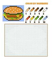 Color by numbers. Education game for children. Burger, fast food, hamburger. Coloring book with numbered squares. Pixel art. Graphic task for kids. vector