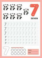 Numbers tracing practice. Writing number seven. Tracing worksheet with cute seven pandas. Printable graphic tasks for motor skills. Math game for children who learn to count and write. Vector. vector