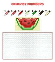 Color by numbers. Education game for children. Fruit, berry, watermelon. Coloring book with numbered squares. Pixel art. Graphic task for kids. vector