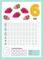 Numbers tracing practice. Writing number six. Tracing worksheet with cute six strawberries. Printable graphic tasks for motor skills. Math game for children who learn to count and write. Vector. vector