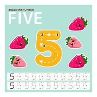 Education material with number five. Tracing number for kids. Learning to count and write. learning the numbers. Preschool activities, leisure games, worksheet with cartoon strawberries for kids. vector