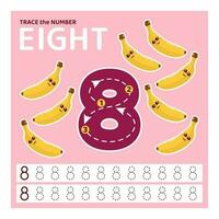 Education material with number eight. Tracing number for kids. Learning to count and write. learning the numbers. Preschool activities, leisure games, worksheet with cartoon bananas for kids. vector