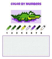 Color by numbers. Education game for children. Crocodile, wild animal. Coloring book with numbered squares. Pixel art. Graphic task for kids. vector