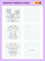 Drawing by cells. Educational game for preschool children. Worksheets for practicing logic and motor skills. Game for children. Graphic tasks with different objects and elements. Vector illustration