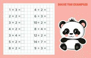 Solve the examples. Division and multiplication. Mathematical puzzle game. Worksheet for preschool kids. Vector illustration. Cartoon educational game with panda for children.