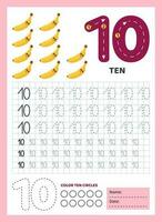 Numbers tracing practice. Writing number ten. Tracing worksheet with cute ten bananas. Printable graphic tasks for motor skills. Math game for children who learn to count and write. Vector. vector