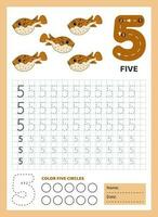 Numbers tracing practice. Writing number five. Tracing worksheet with cute five puffer fish. Printable graphic tasks for motor skills. Math game for children who learn to count and write. Vector. vector