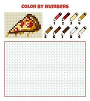 Color by numbers. Education game for children. Food, fast food, pizza. Coloring book with numbered squares. Pixel art. Graphic task for kids. vector