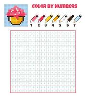 Color by numbers. Education game for children. Pudding, sweets, dessert. Coloring book with numbered squares. Pixel art. Graphic task for kids. vector