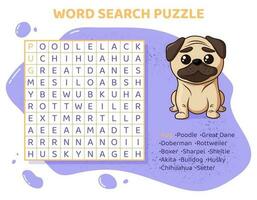 Word search puzzle with dog breeds. Education game for children. Crossword with pets for Learning English language. Cartoon spelling puzzle. Tasks for kids. Vector illustration.