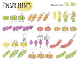 Finger prints art. Step by step how to draw a different vegetables. Scheme for drawing. Eggplant, tomato, pumpkin, onion. Tutorial for kids. Education task, worksheet for children. Vector illustration