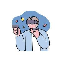 Senior lifestyle character. An elderly man is playing a game wearing VR glasses. vector