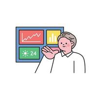 Senior lifestyle character. An elderly man is giving a presentation showing data analysis data. vector