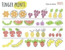 Finger prints art. Step by step how to draw a different fruits. Scheme for drawing. Banana, grape, pear, watermelon. Tutorial for kids. Education task, worksheet for children. Vector illustration.